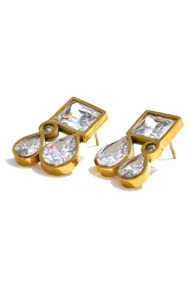 Baget Taşlı Gold Küpe