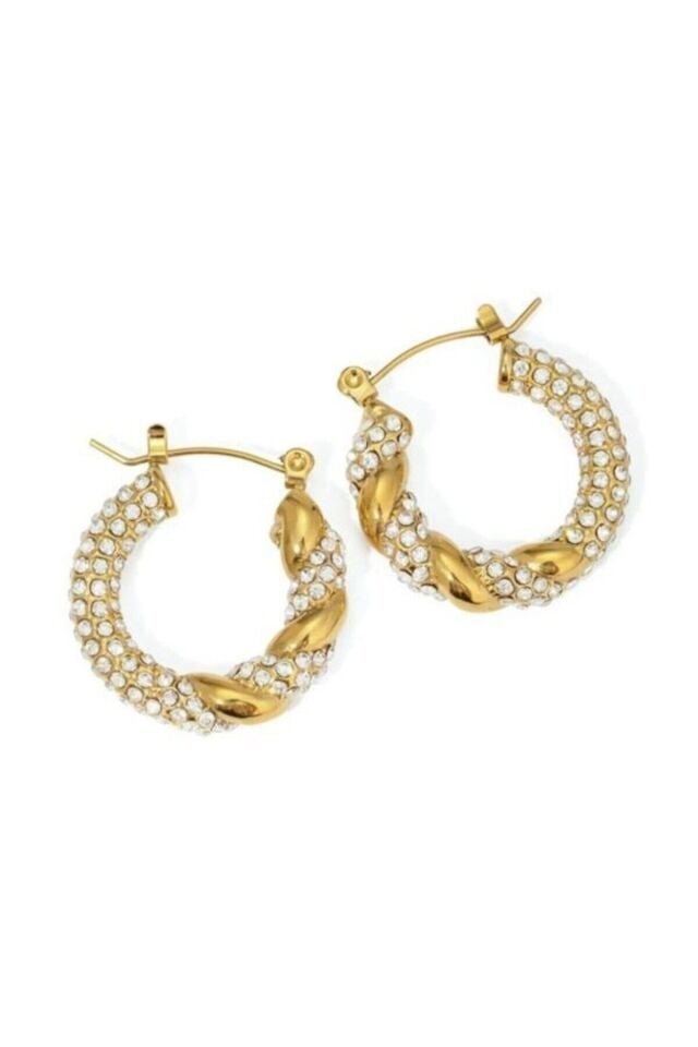 Gold Zirkon Taşlı Halka Küpe