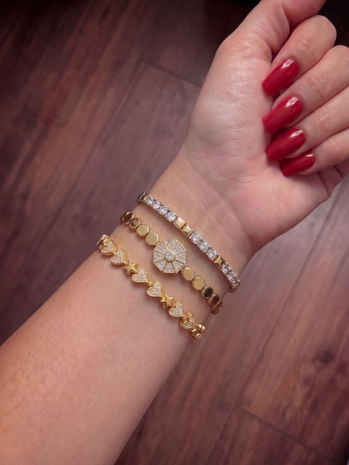 Gold Renkli Zirkon Taş Kaplama VIP Bileklik